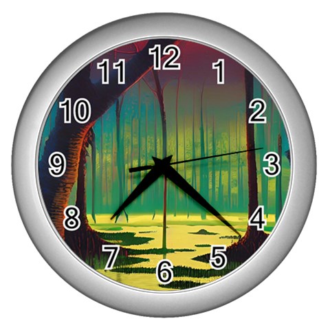 Nature Swamp Water Sunset Spooky Night Reflections Bayou Lake Wall Clock (Silver) from UrbanLoad.com Front