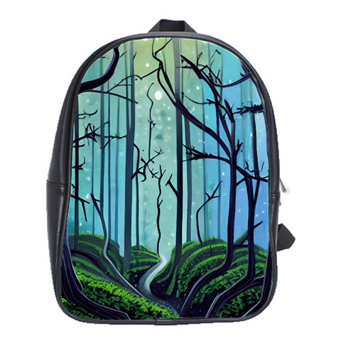 Nature Outdoors Night Trees Scene Forest Woods Light Moonlight Wilderness Stars School Bag (Large) from UrbanLoad.com Front