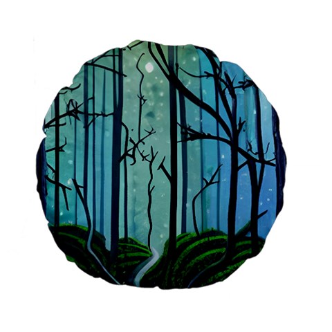 Nature Outdoors Night Trees Scene Forest Woods Light Moonlight Wilderness Stars Standard 15  Premium Flano Round Cushions from UrbanLoad.com Front
