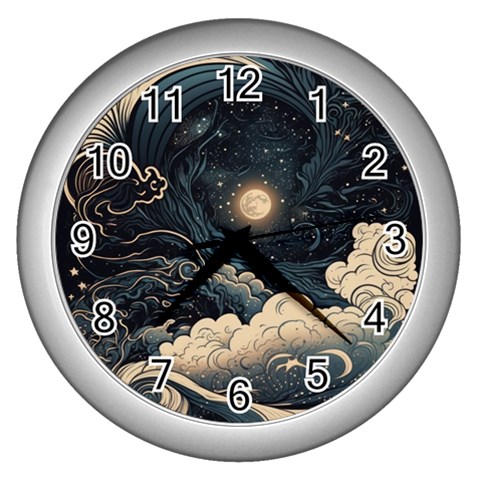 Starry Sky Moon Space Cosmic Galaxy Nature Art Clouds Art Nouveau Abstract Wall Clock (Silver) from UrbanLoad.com Front