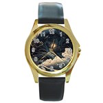 Starry Sky Moon Space Cosmic Galaxy Nature Art Clouds Art Nouveau Abstract Round Gold Metal Watch