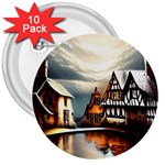 Village Reflections Snow Sky Dramatic Town House Cottages Pond Lake City 3  Buttons (10 pack) 