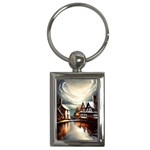 Village Reflections Snow Sky Dramatic Town House Cottages Pond Lake City Key Chain (Rectangle)