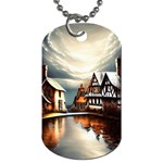 Village Reflections Snow Sky Dramatic Town House Cottages Pond Lake City Dog Tag (One Side)