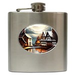 Village Reflections Snow Sky Dramatic Town House Cottages Pond Lake City Hip Flask (6 oz)