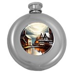 Village Reflections Snow Sky Dramatic Town House Cottages Pond Lake City Round Hip Flask (5 oz)