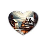 Village Reflections Snow Sky Dramatic Town House Cottages Pond Lake City Rubber Heart Coaster (4 pack)