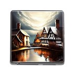 Village Reflections Snow Sky Dramatic Town House Cottages Pond Lake City Memory Card Reader (Square 5 Slot)