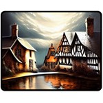Village Reflections Snow Sky Dramatic Town House Cottages Pond Lake City Two Sides Fleece Blanket (Medium)