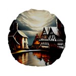 Village Reflections Snow Sky Dramatic Town House Cottages Pond Lake City Standard 15  Premium Flano Round Cushions