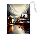 Village Reflections Snow Sky Dramatic Town House Cottages Pond Lake City Drawstring Pouch (5XL)
