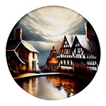 Village Reflections Snow Sky Dramatic Town House Cottages Pond Lake City Round Glass Fridge Magnet (4 pack)