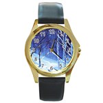 Landscape Outdoors Greeting Card Snow Forest Woods Nature Path Trail Santa s Village Round Gold Metal Watch