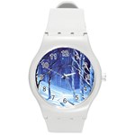 Landscape Outdoors Greeting Card Snow Forest Woods Nature Path Trail Santa s Village Round Plastic Sport Watch (M)