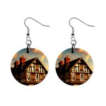 Village House Cottage Medieval Timber Tudor Split timber Frame Architecture Town Twilight Chimney Mini Button Earrings
