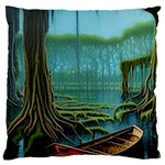 Boat Canoe Swamp Bayou Roots Moss Log Nature Scene Landscape Water Lake Setting Abandoned Rowboat Fi Large Premium Plush Fleece Cushion Case (Two Sides)