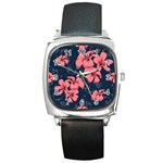 5902244 Pink Blue Illustrated Pattern Flowers Square Pillow Square Metal Watch