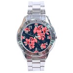 5902244 Pink Blue Illustrated Pattern Flowers Square Pillow Stainless Steel Analogue Watch
