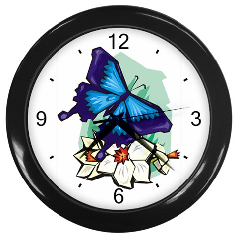 Blue Butterfly on Flower Wall Clock (Black) from UrbanLoad.com Front