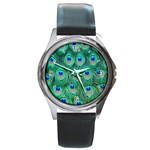 Peacock Feather 1 Round Metal Watch
