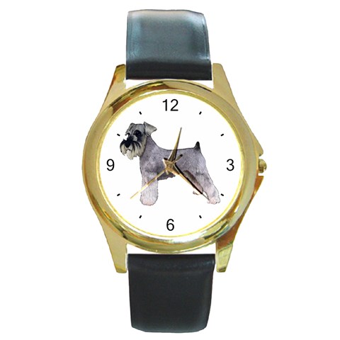 Miniature Schnauzer Dog Gifts BW Round Gold Metal Watch from UrbanLoad.com Front