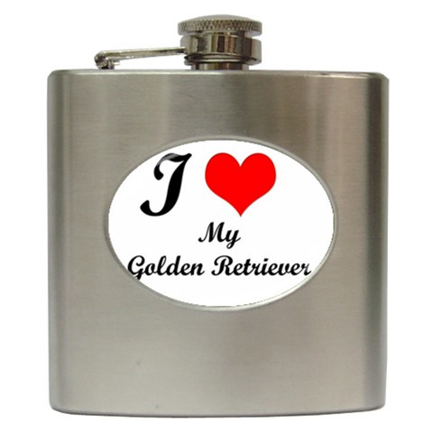 I Love Golden Retriever Hip Flask (6 oz) from UrbanLoad.com Front