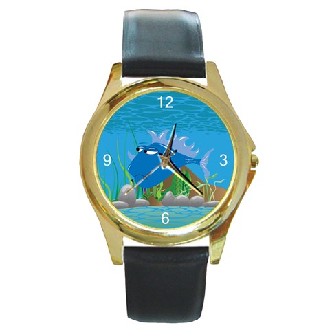 Blue Grumpy Fish Round Gold Metal Watch from UrbanLoad.com Front