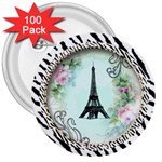Eiffel Tower Pink Roses Circle For Zazzle Fini Zebra Bkgrnd 3  Button (100 pack)