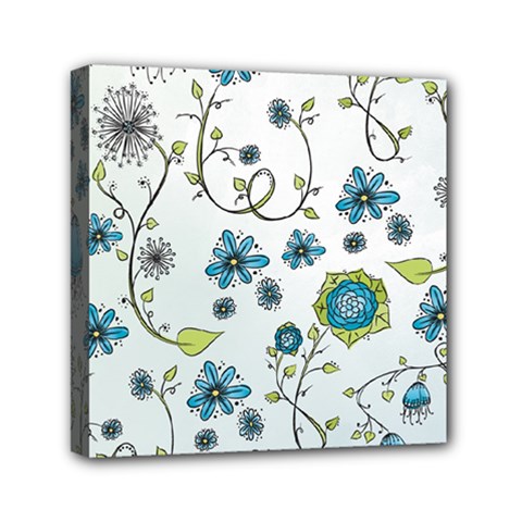 Blue Whimsical Flowers  on blue Mini Canvas 6  x 6  (Framed) from UrbanLoad.com