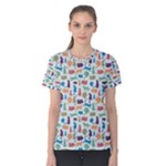 Blue Colorful Cats Silhouettes Pattern Women s Cotton Tees