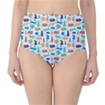 Blue Colorful Cats Silhouettes Pattern High-Waist Bikini Bottoms