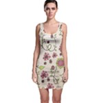 Pink Whimsical flowers on beige Sleeveless Bodycon Dress