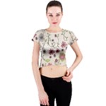 Pink Whimsical flowers on beige Crew Neck Crop Top
