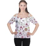 Pink whimsical flowers on pink Women s Cutout Shoulder Tee
