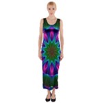 Star Of Leaves, Abstract Magenta Green Forest Fitted Maxi Dress