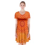 Lotus Fractal Flower Orange Yellow Short Sleeve V-neck Flare Dress
