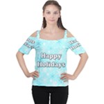 Happy holidays blue pattern Women s Cutout Shoulder Tee