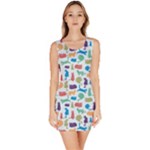 Blue Colorful Cats Silhouettes Pattern Sleeveless Bodycon Dress