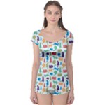 Blue Colorful Cats Silhouettes Pattern Boyleg Leotard 