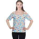 Blue Colorful Cats Silhouettes Pattern Women s Cutout Shoulder Tee