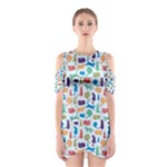 Blue Colorful Cats Silhouettes Pattern Cutout Shoulder Dress