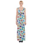 Blue Colorful Cats Silhouettes Pattern Maxi Thigh Split Dress