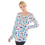 Blue Colorful Cats Silhouettes Pattern Women s Tie Up Tee