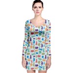 Blue Colorful Cats Silhouettes Pattern Long Sleeve Velvet Bodycon Dress