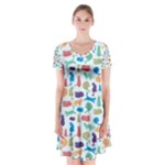 Blue Colorful Cats Silhouettes Pattern Short Sleeve V-neck Flare Dress