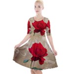 Red Rose Art Quarter Sleeve A-Line Dress