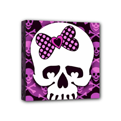 Pink Polka Dot Bow Skull Mini Canvas 4  x 4  (Stretched) from UrbanLoad.com