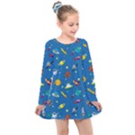 Space Rocket Solar System Pattern Kids  Long Sleeve Dress