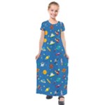 Space Rocket Solar System Pattern Kids  Short Sleeve Maxi Dress
