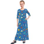 Space Rocket Solar System Pattern Kids  Quarter Sleeve Maxi Dress